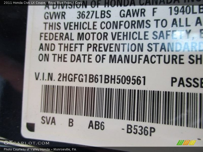 Royal Blue Pearl / Gray 2011 Honda Civic LX Coupe