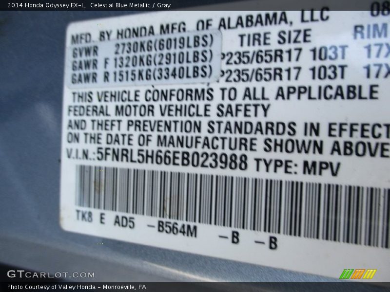 Celestial Blue Metallic / Gray 2014 Honda Odyssey EX-L