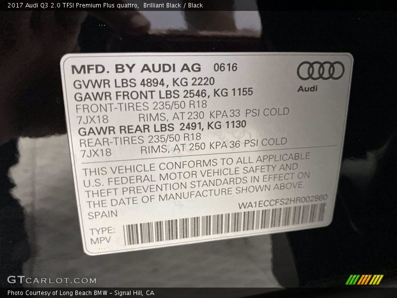 Brilliant Black / Black 2017 Audi Q3 2.0 TFSI Premium Plus quattro