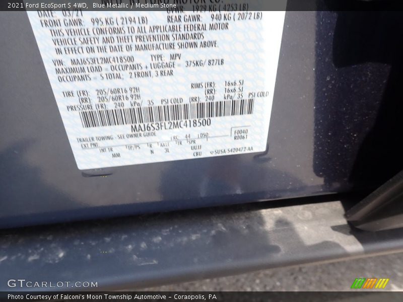 Blue Metallic / Medium Stone 2021 Ford EcoSport S 4WD