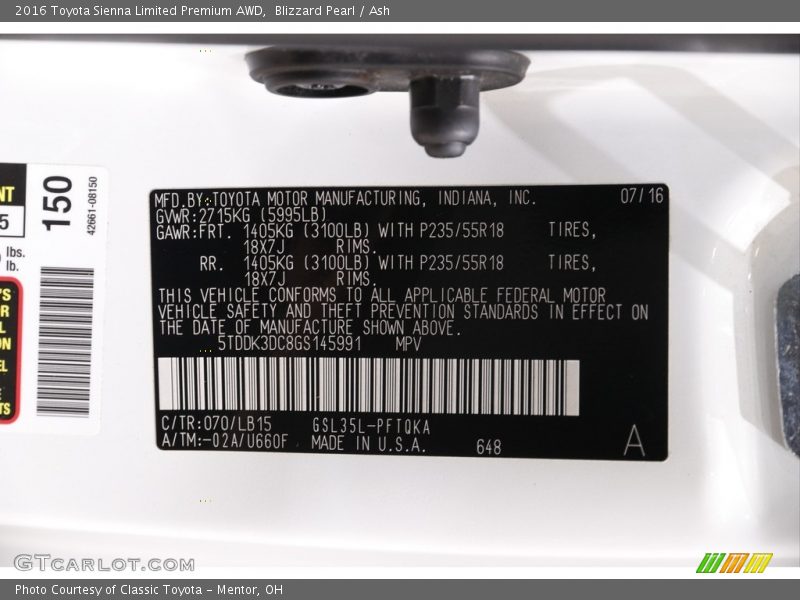 Blizzard Pearl / Ash 2016 Toyota Sienna Limited Premium AWD
