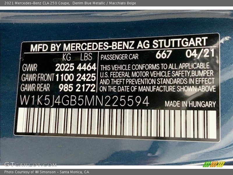 2021 CLA 250 Coupe Denim Blue Metallic Color Code 667