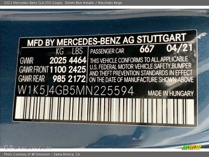 2021 CLA 250 Coupe Denim Blue Metallic Color Code 667