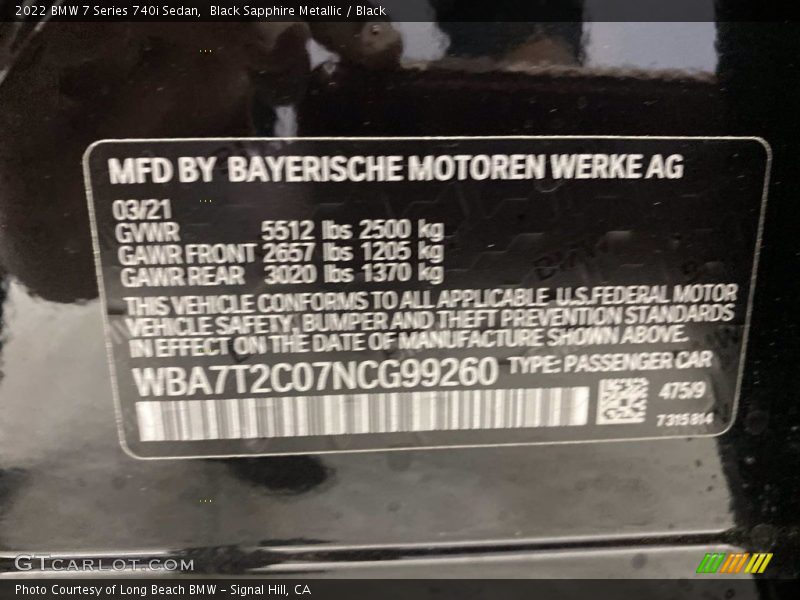 Black Sapphire Metallic / Black 2022 BMW 7 Series 740i Sedan