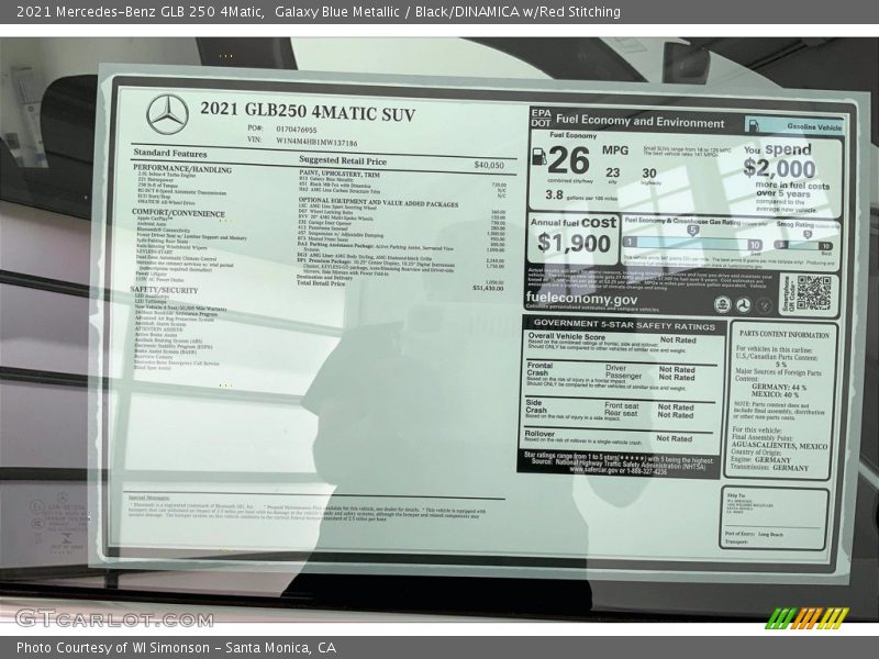  2021 GLB 250 4Matic Window Sticker