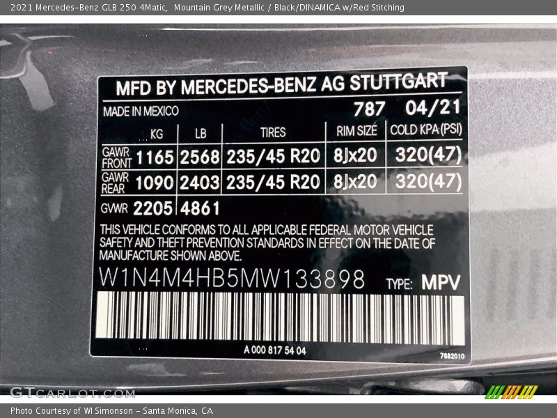 Mountain Grey Metallic / Black/DINAMICA w/Red Stitching 2021 Mercedes-Benz GLB 250 4Matic