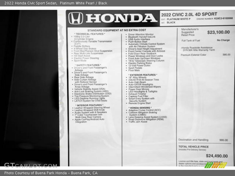 Platinum White Pearl / Black 2022 Honda Civic Sport Sedan