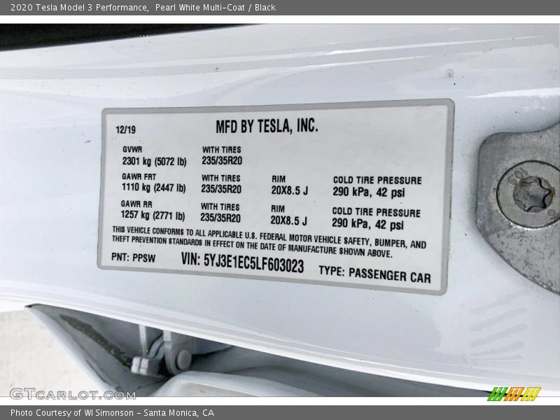 Pearl White Multi-Coat / Black 2020 Tesla Model 3 Performance