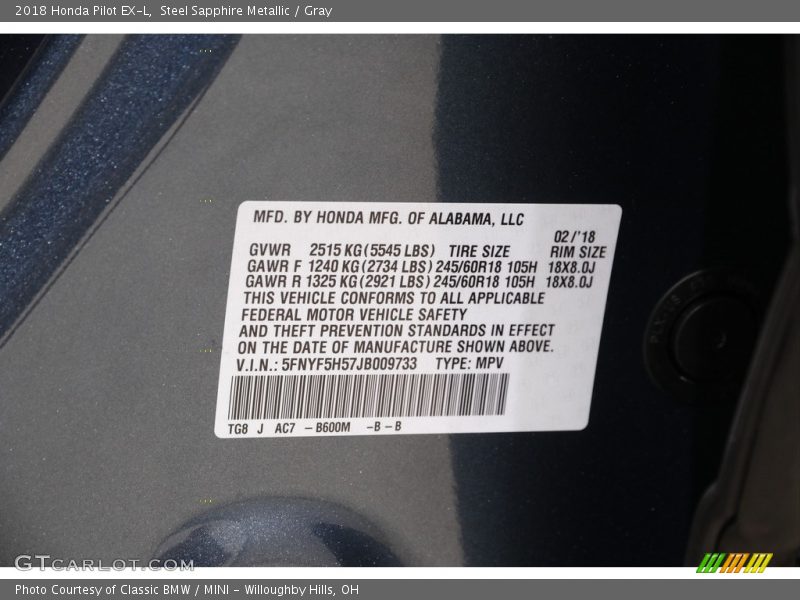 2018 Pilot EX-L Steel Sapphire Metallic Color Code B600M