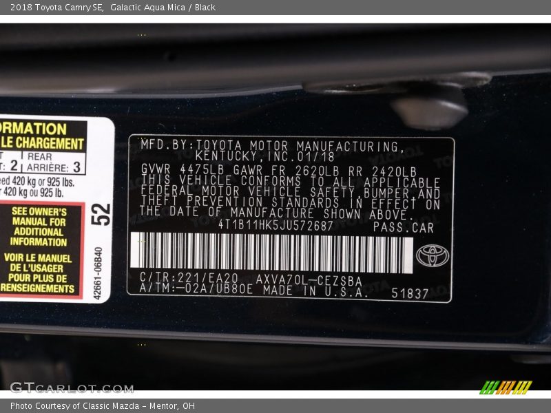 Galactic Aqua Mica / Black 2018 Toyota Camry SE