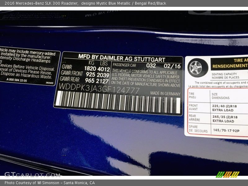 2016 SLK 300 Roadster designo Mystic Blue Metallic Color Code 032