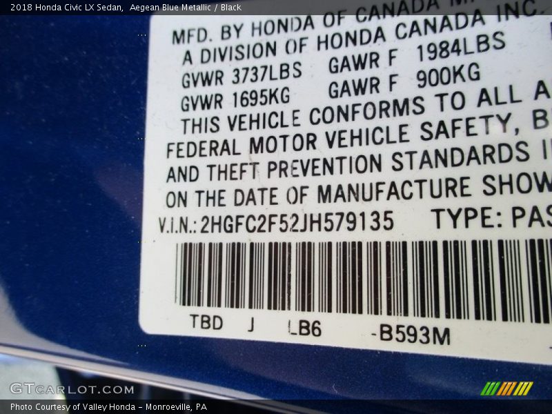 Aegean Blue Metallic / Black 2018 Honda Civic LX Sedan