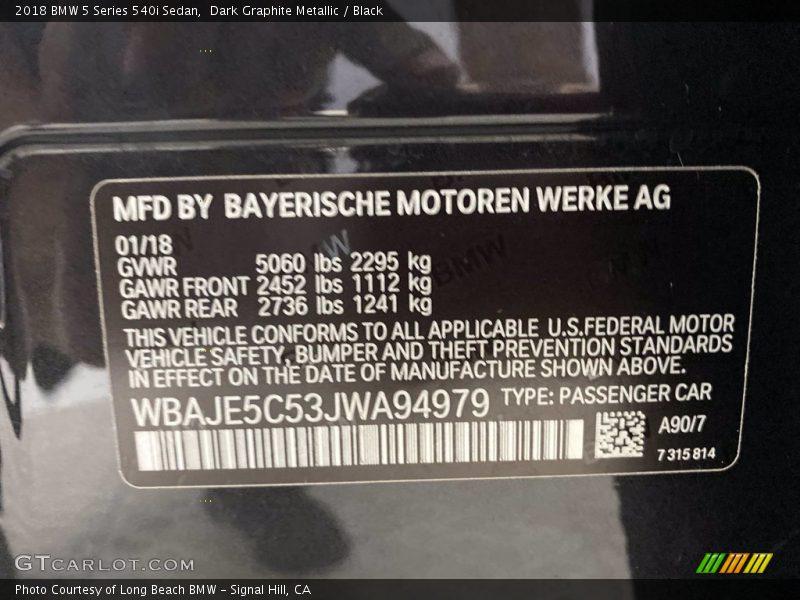 Dark Graphite Metallic / Black 2018 BMW 5 Series 540i Sedan