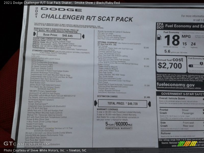 Smoke Show / Black/Ruby Red 2021 Dodge Challenger R/T Scat Pack Shaker
