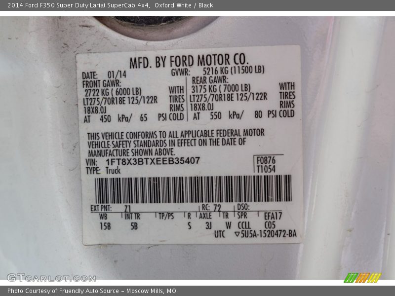2014 F350 Super Duty Lariat SuperCab 4x4 Oxford White Color Code Z1