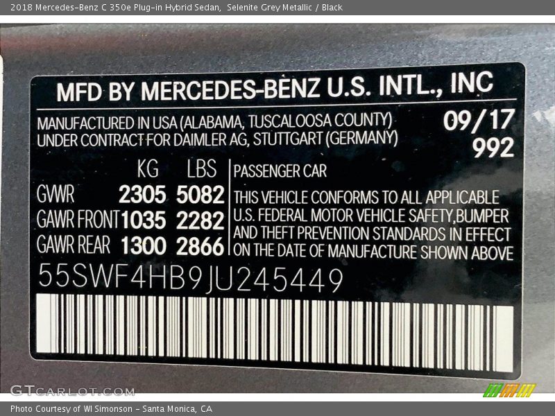 Selenite Grey Metallic / Black 2018 Mercedes-Benz C 350e Plug-in Hybrid Sedan