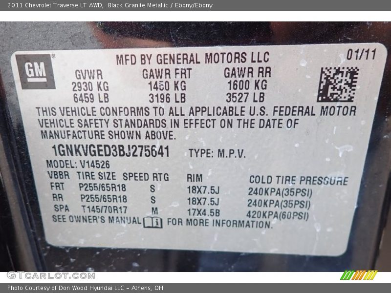 Black Granite Metallic / Ebony/Ebony 2011 Chevrolet Traverse LT AWD