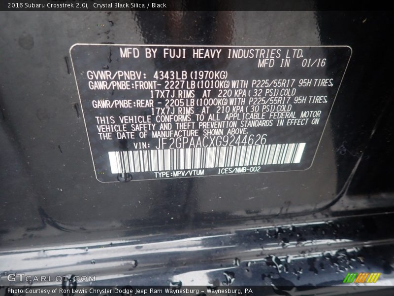 Crystal Black Silica / Black 2016 Subaru Crosstrek 2.0i