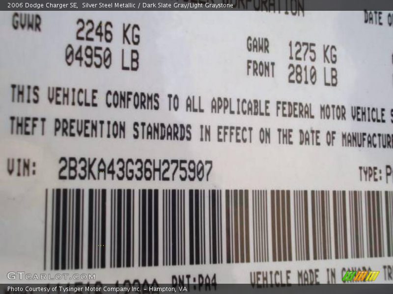 Silver Steel Metallic / Dark Slate Gray/Light Graystone 2006 Dodge Charger SE