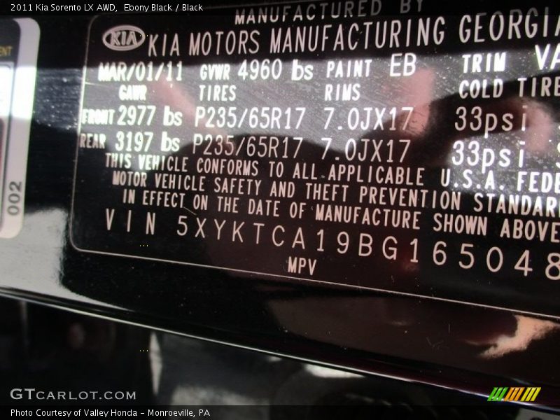 Ebony Black / Black 2011 Kia Sorento LX AWD