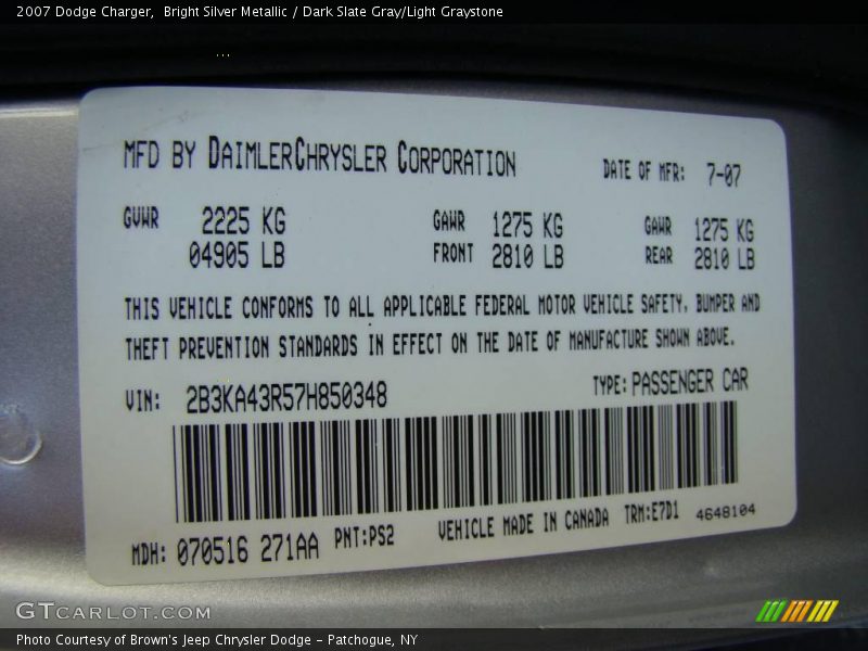Bright Silver Metallic / Dark Slate Gray/Light Graystone 2007 Dodge Charger