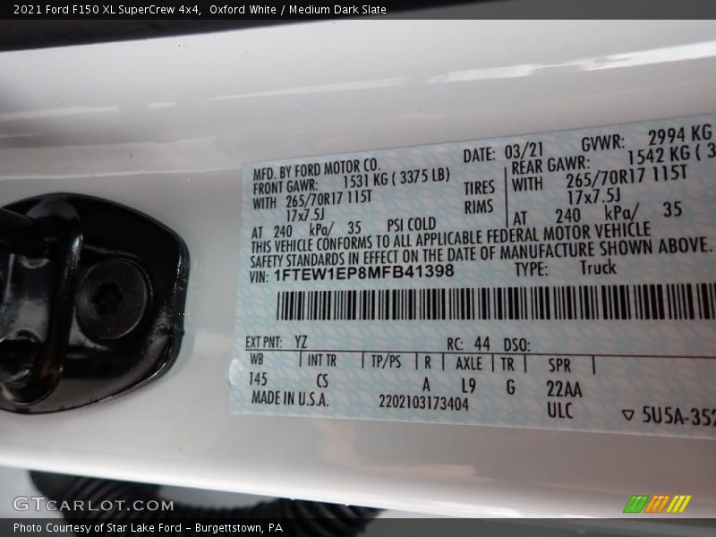 2021 F150 XL SuperCrew 4x4 Oxford White Color Code YZ