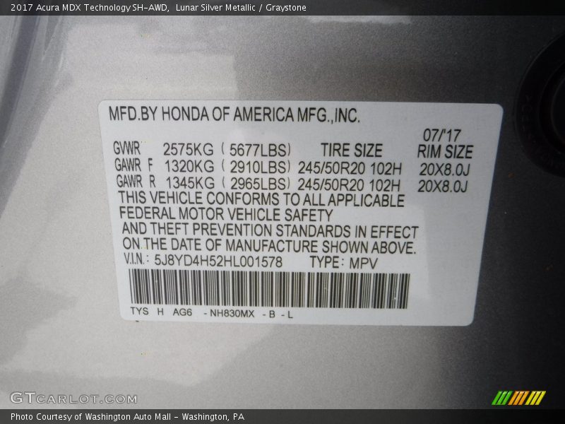 2017 MDX Technology SH-AWD Lunar Silver Metallic Color Code NH830MX