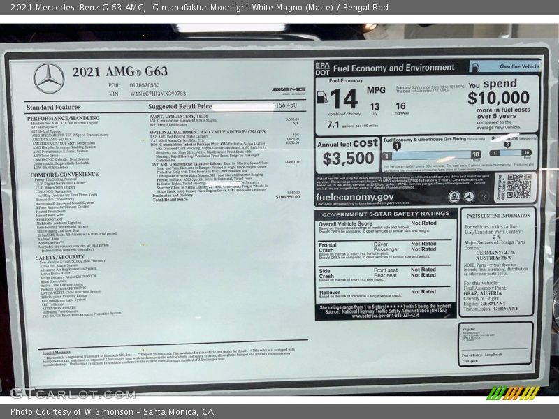 G manufaktur Moonlight White Magno (Matte) / Bengal Red 2021 Mercedes-Benz G 63 AMG