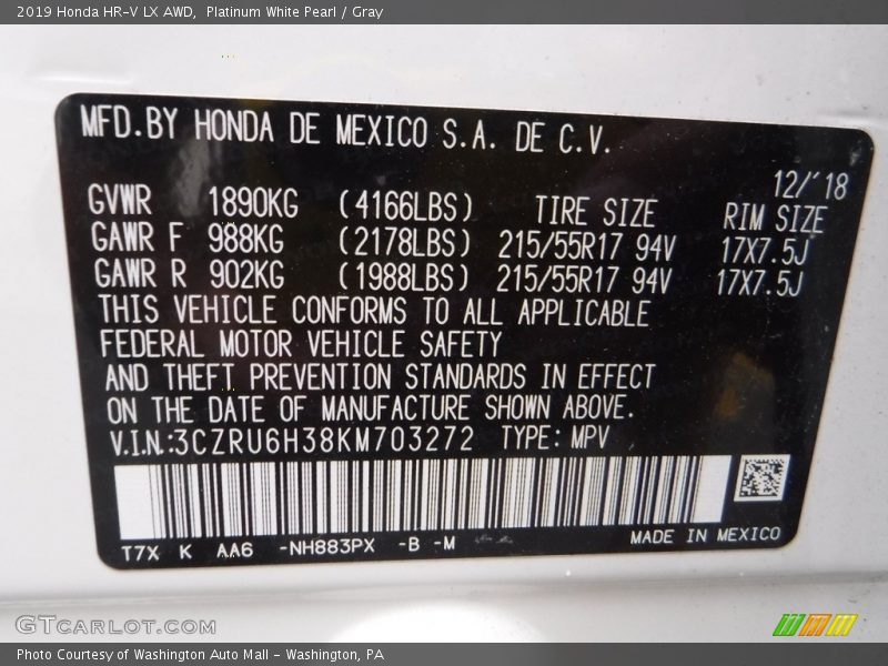 Platinum White Pearl / Gray 2019 Honda HR-V LX AWD