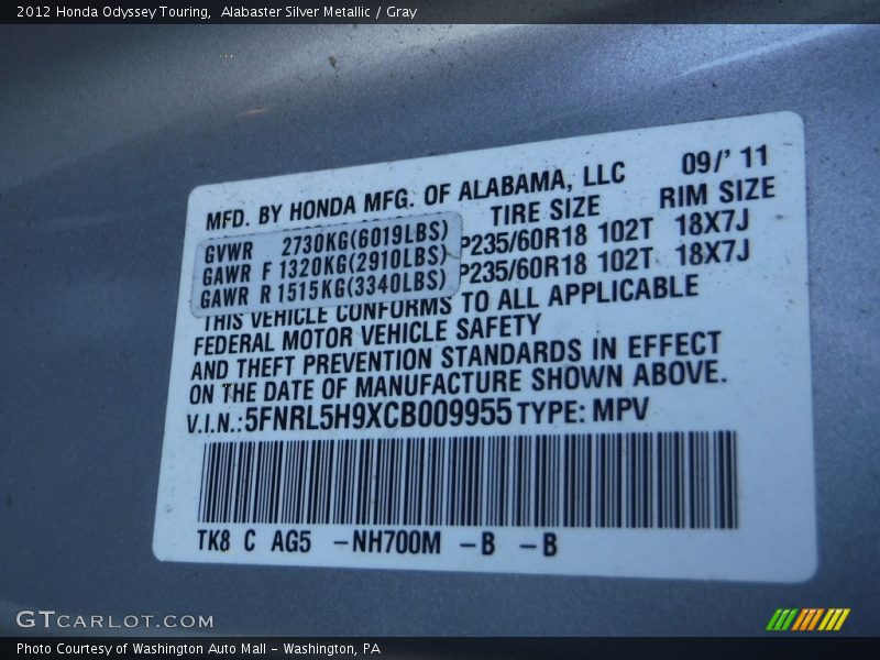 Alabaster Silver Metallic / Gray 2012 Honda Odyssey Touring