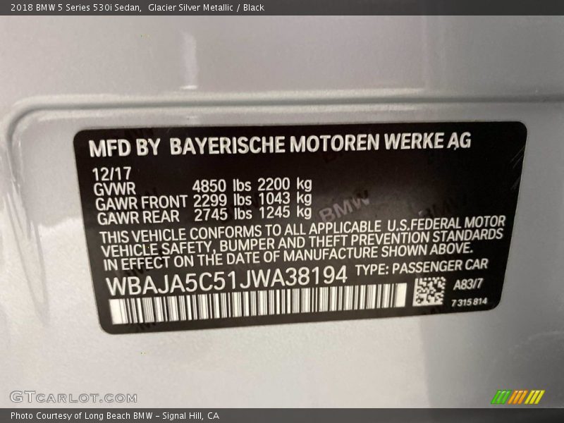 Glacier Silver Metallic / Black 2018 BMW 5 Series 530i Sedan
