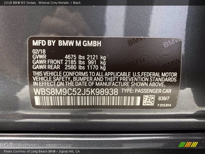 2018 M3 Sedan Mineral Grey Metallic Color Code B39