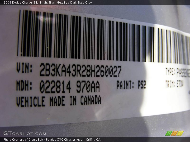 Bright Silver Metallic / Dark Slate Gray 2008 Dodge Charger SE