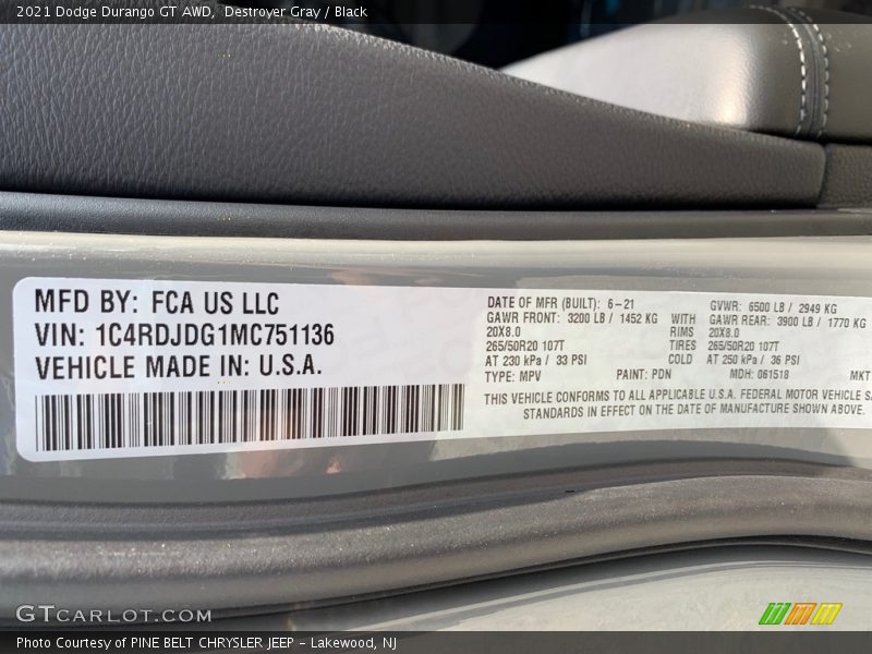 Destroyer Gray / Black 2021 Dodge Durango GT AWD