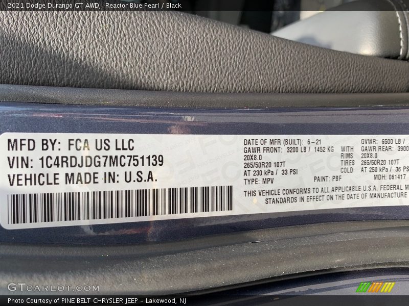 Reactor Blue Pearl / Black 2021 Dodge Durango GT AWD