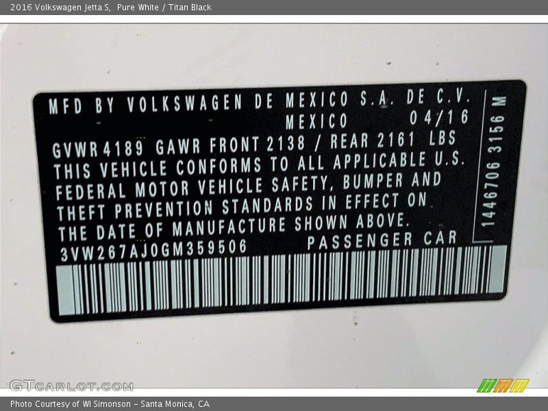 Pure White / Titan Black 2016 Volkswagen Jetta S