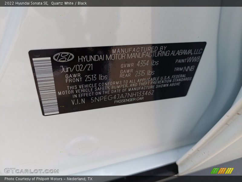 2022 Sonata SE Quartz White Color Code WW8