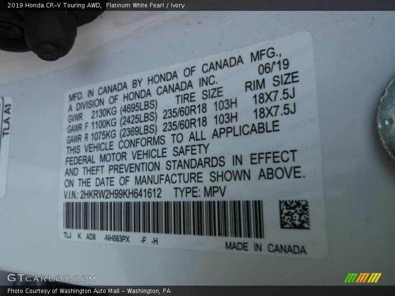 Platinum White Pearl / Ivory 2019 Honda CR-V Touring AWD