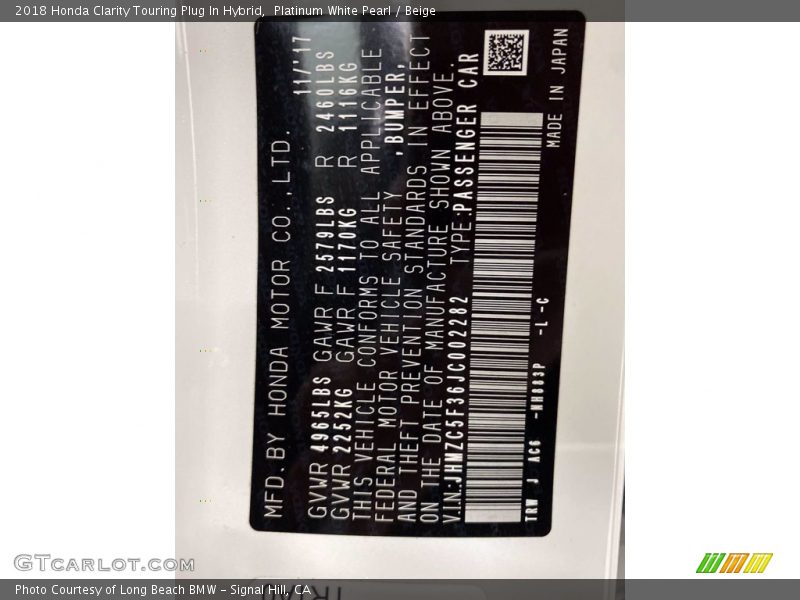 2018 Clarity Touring Plug In Hybrid Platinum White Pearl Color Code NH883P