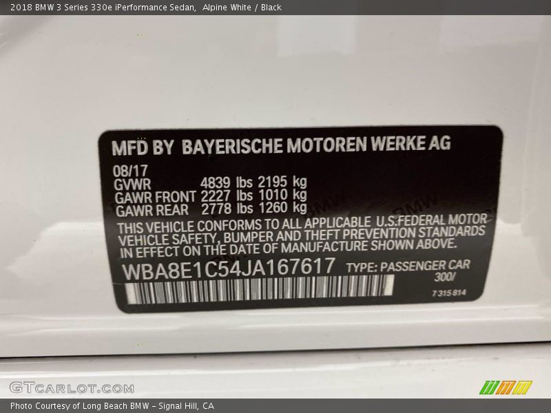 Alpine White / Black 2018 BMW 3 Series 330e iPerformance Sedan