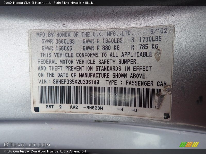 Satin Silver Metallic / Black 2002 Honda Civic Si Hatchback