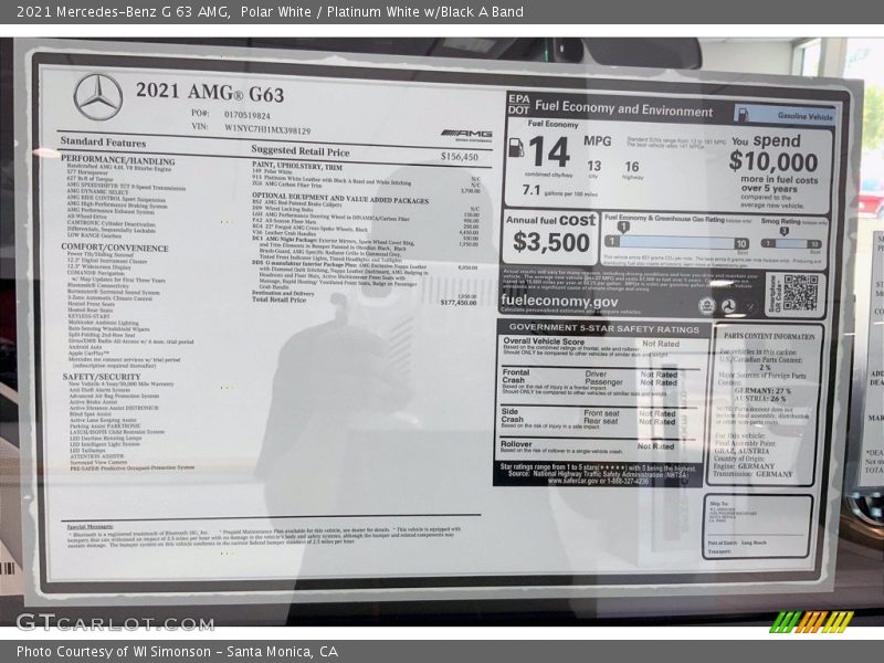  2021 G 63 AMG Window Sticker