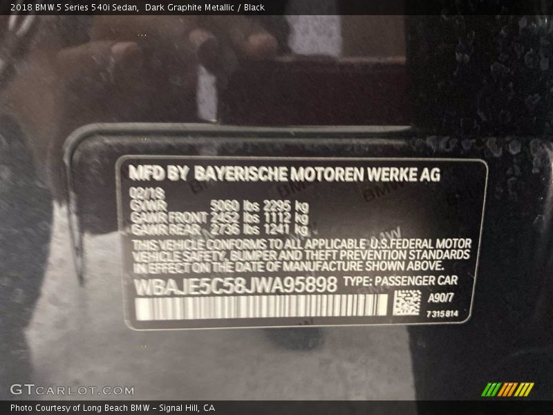 Dark Graphite Metallic / Black 2018 BMW 5 Series 540i Sedan
