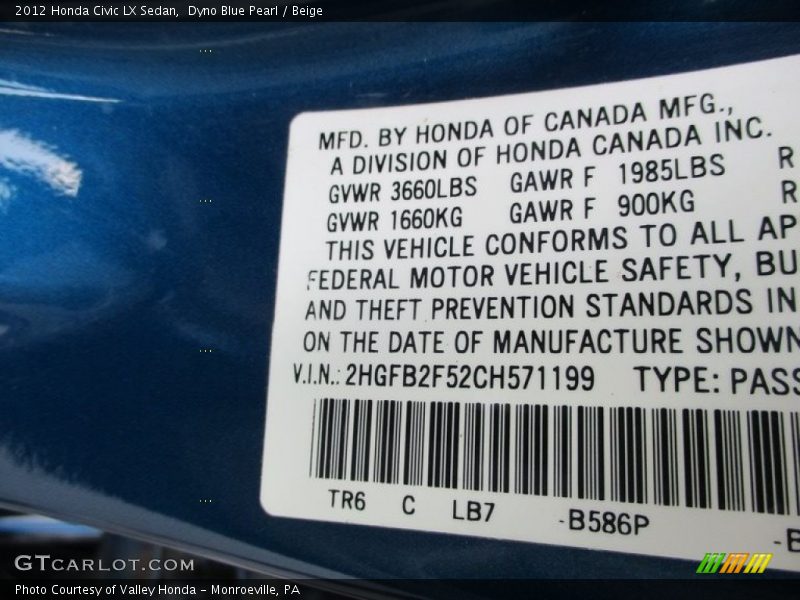 Dyno Blue Pearl / Beige 2012 Honda Civic LX Sedan
