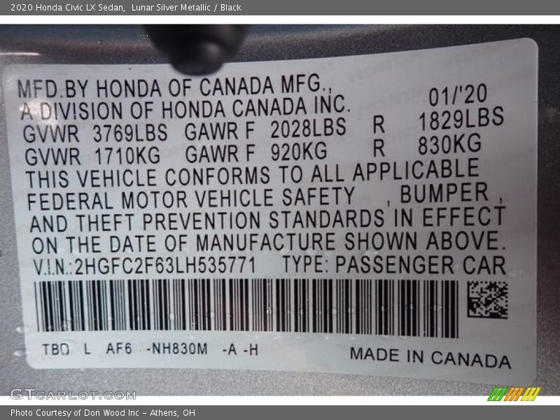 Lunar Silver Metallic / Black 2020 Honda Civic LX Sedan