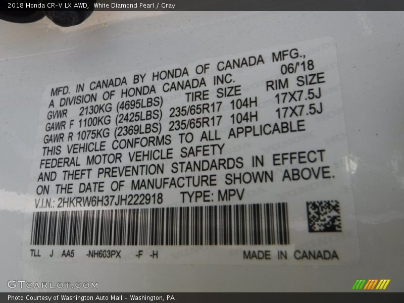 White Diamond Pearl / Gray 2018 Honda CR-V LX AWD