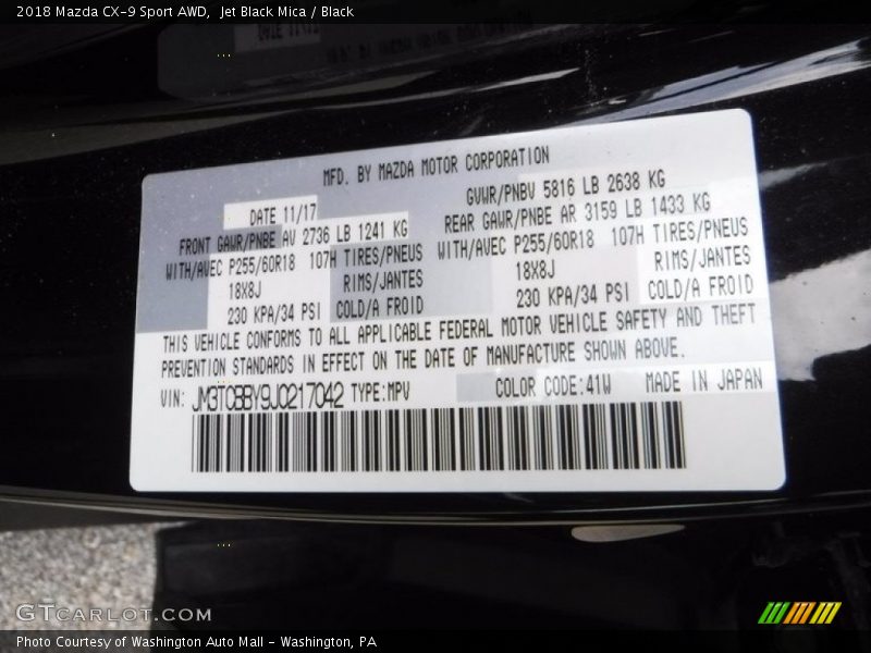 Jet Black Mica / Black 2018 Mazda CX-9 Sport AWD