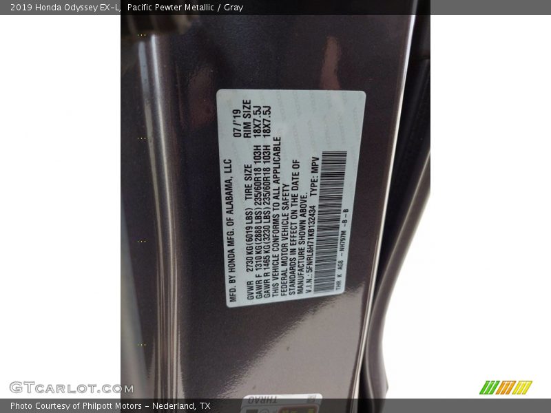 Pacific Pewter Metallic / Gray 2019 Honda Odyssey EX-L