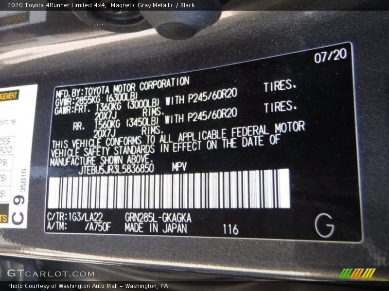Magnetic Gray Metallic / Black 2020 Toyota 4Runner Limited 4x4