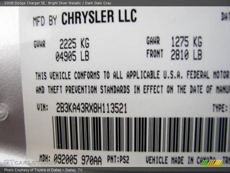 Bright Silver Metallic / Dark Slate Gray 2008 Dodge Charger SE